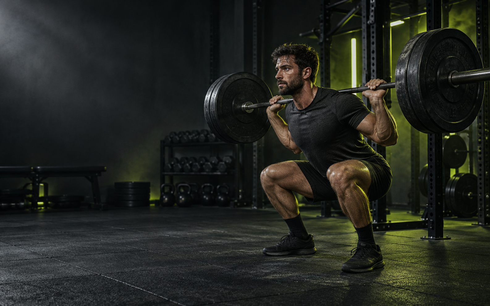 Athlet bei einer kontrollierten Kniebeuge im Fitnessstudio